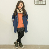 韩国童装秋冬新款女童中长毛边个性牛仔休闲外套 儿童风衣大衣