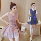 韩版女装夏装娇小矮个子150cm小码XS加小号条纹无袖背心裙