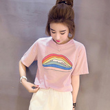 大码纯色短袖T恤女装夏装粉色体恤韩国宽松简约百搭半袖t桖上衣服