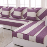 高档条纹亚麻沙发垫四季通用布艺坐垫秋冬紫色防滑沙发巾套罩定做