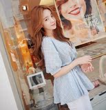 2016夏装新款韩版收腰显瘦V领格子棉麻雪纺衫女装短袖宽松连衣裙