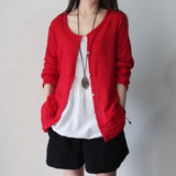 原创设计棉麻女装红色开衫衬衣复古文艺纯色棉麻夏新款罩衫女衬衫