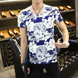 夏季男士短袖T恤男装韩版修身青年少年学生V领印花3D冰丝男T恤潮