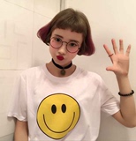 韩国ulzzang夏季新款可爱做旧笑脸印花宽松休闲短袖T恤女学生上衣
