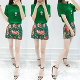 2016夏季新款韩版女装短袖上衣显瘦印花阔腿短裤休闲名媛时尚套装