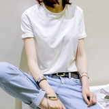 omaliss韩国圆领短袖T恤衫女士2016夏季新款竹节纹下摆开叉卷边袖