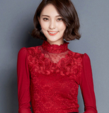 女土衫新款2016春季韩版木耳边半高领蕾丝长袖打底衫女士T恤上衣