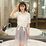 2016夏季新款韩版短袖衬衫背心裙两件套装蓬蓬公主蕾丝网纱连衣裙