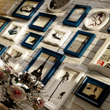 欧式创意大面积墙面装饰蓝白画框组合实木照片墙相框墙客厅餐厅