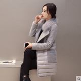 2015冬装新款时尚拼接呢料棉衣女装韩版修身中长款毛领棉袄外套潮