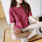 夏天纯色打底衫女装夏宽松卷边袖短袖T恤女学生韩国半截袖上衣潮