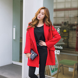 2015冬季新款女装韩版直筒夹棉加厚中长款大红色羊毛呢子外套大衣