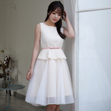 2016韩版女装薄款蕾丝无袖欧根纱蓬蓬裙修身百搭中长款连衣裙