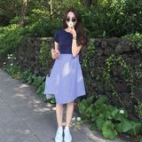 韩国夏季新款修身显瘦针织拼接条纹不规则下摆假两件短袖连衣裙女
