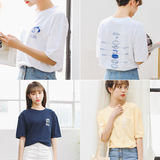 韩版学院风纯色百搭可爱男孩吃汉堡后背印花宽松短袖T恤半袖衫女