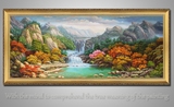 中式山水风景油画纯手绘有框壁画聚宝盆客厅横版别墅古典挂画