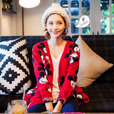 韩国休闲女装卡通针织开衫外套卡通宽松针织衫韩版中长款大毛衣
