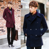 冬季韩版男士青年修身型外套中长款毛呢大衣男加厚翻领呢子风衣潮
