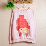 春秋季韩版简约卡通人物雪人女孩图案卫衣小红帽粉色加绒厚款T恤