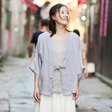 梭娘原创设计2016夏季新款纯苎麻短外套薄款开衫文艺范系带女纯色
