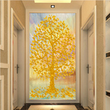 黄金发财树摇钱树3D立体玄关墙纸餐厅走廊过道竖版无缝墙布壁纸