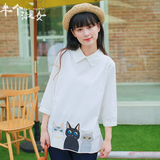 日系森女系猫咪刺绣娃娃领七分袖衬衫2016秋装新款中长款套头衬衣