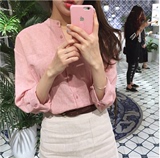 现货夏季女装韩国小立领宽松单排扣薄款粉色棉长袖防晒衬衫上衣