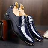英伦风潮流男式皮鞋夏季系带尖头漆皮布洛克青年发型师男鞋子蓝色
