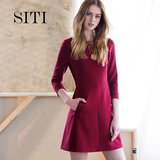 Siti Selected2016新款夏七分袖连衣裙OL绛红色通勤显瘦圆领中裙