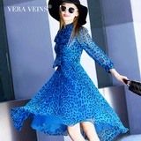 Vera Veins春夏季新款 豹纹中长款长袖真丝连衣裙 桑蚕丝衬衫裙