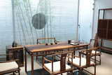 璞木新中式茶桌会议桌餐桌茶道桌禅意免漆老榆木茶桌椅组合圈椅