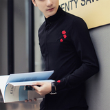 2016春夏新款男士长袖黑色发型师衬衫 韩版修身弹力刺绣衬衣男装