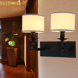 海洲现代新中式双头壁灯客厅卧室床头灯过道仿古铁艺布艺创意灯具