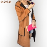2015春秋韩版中长款修身显瘦圆领鹿皮绒风衣外套女英伦麂皮褂子潮