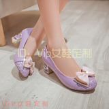 韩国公主大码女鞋40-43码单鞋闪闪蝴蝶结小码鞋32亮片33粗跟紫色