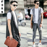 夏季韩版男士青年英伦夜店发型师马甲套装修身潮条纹中长款马甲男