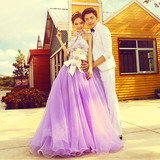 新款婚纱摄影服装外景写真情侣主题拍照影楼拍照紫色齐地挂脖礼服