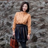 Hiblogger韩国官网代购女装2016春装 蝴蝶结立领桃心图案长袖衬衫