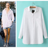 2015春夏女装新款欧美街拍明星同款白色长款大码宽松白衬衫女长袖