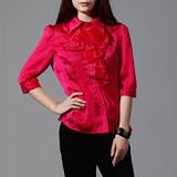 1530-玫红 韩版时尚花边领结女办公室OL中袖修身衬衫衬衣有大码