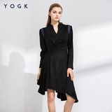 YOGK秋冬季女装新款不规则厚外套中长款风衣长袖上衣双排扣大衣