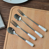 日韩创意餐具 陶瓷柄不锈钢勺子叉子套装便携 咖啡勺水果叉西餐勺