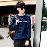 新款格子卫衣男士韩版潮宽松学生圆领套头外套秋季青少年运动上衣