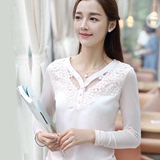 2016秋装新款韩版女装修身显瘦雪纺衫长袖镂空蕾丝打底衫百搭上衣