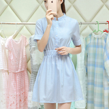 连衣裙女夏季竖条纹甜美学生韩国收腰显瘦短裙小清新衬衫式中裙子