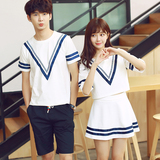 情侣装夏装2016新款 学院风学生韩版个性男短袖t恤女上衣短裙套装