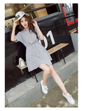 2016夏季热卖新款韩版时尚女装 条纹翻领显瘦收腰棉麻衬衫连衣裙