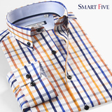 SmartFive 春装时尚韩版格子衬衫男长袖修身纯棉商务休闲拼接衬衣
