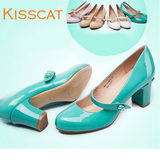 Kisscat2015秋季浅口单鞋女韩版女鞋圆头真皮优雅粗跟女鞋高跟鞋