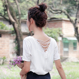 2016夏装新品小性感V领绑带镂空短袖纯色T恤女装针织衫